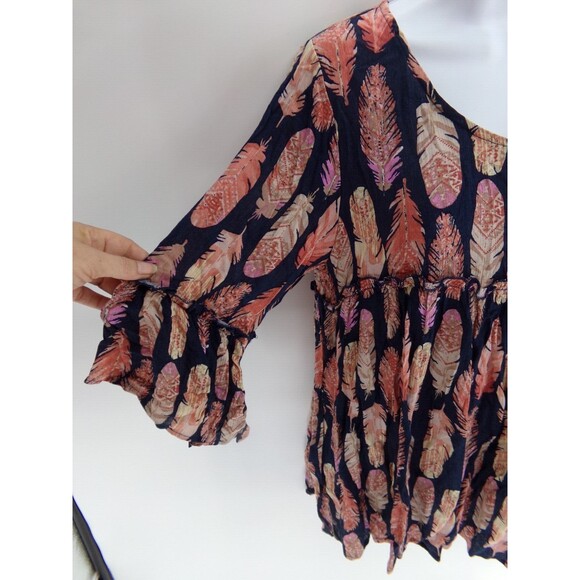 NWOT Agnes & Dora Sway top Feather Print Ruffle Tunic Small blue and pink - Picture 3 of 8